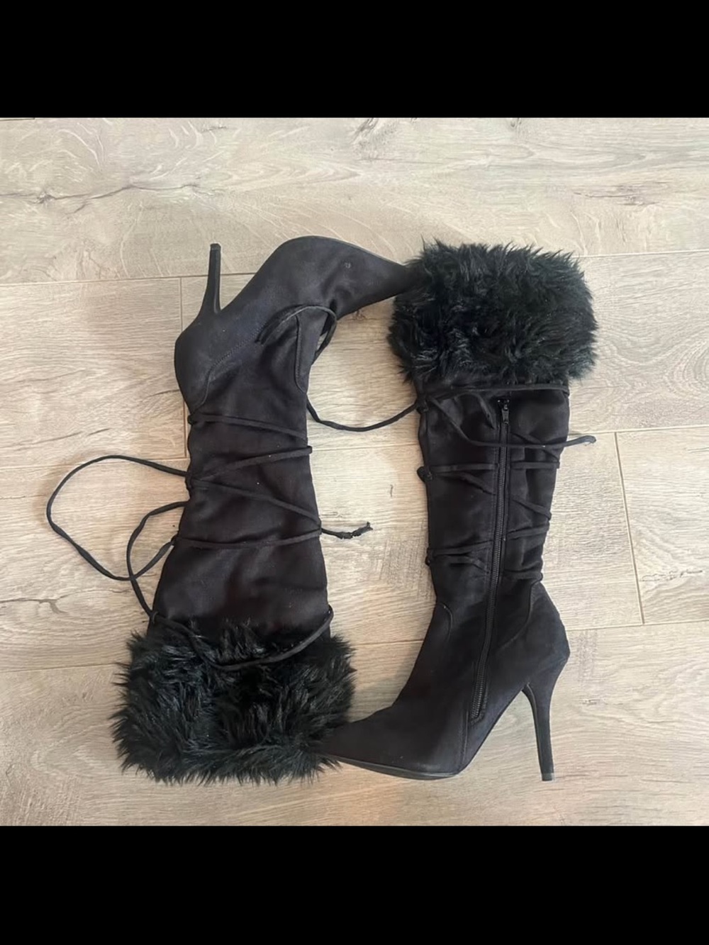 Black Faux-Fur Trim Knee-High Stiletto Boots